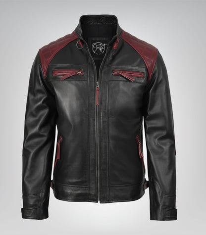 Black and maroon motorcycle leather jacket for men featuring quilted design