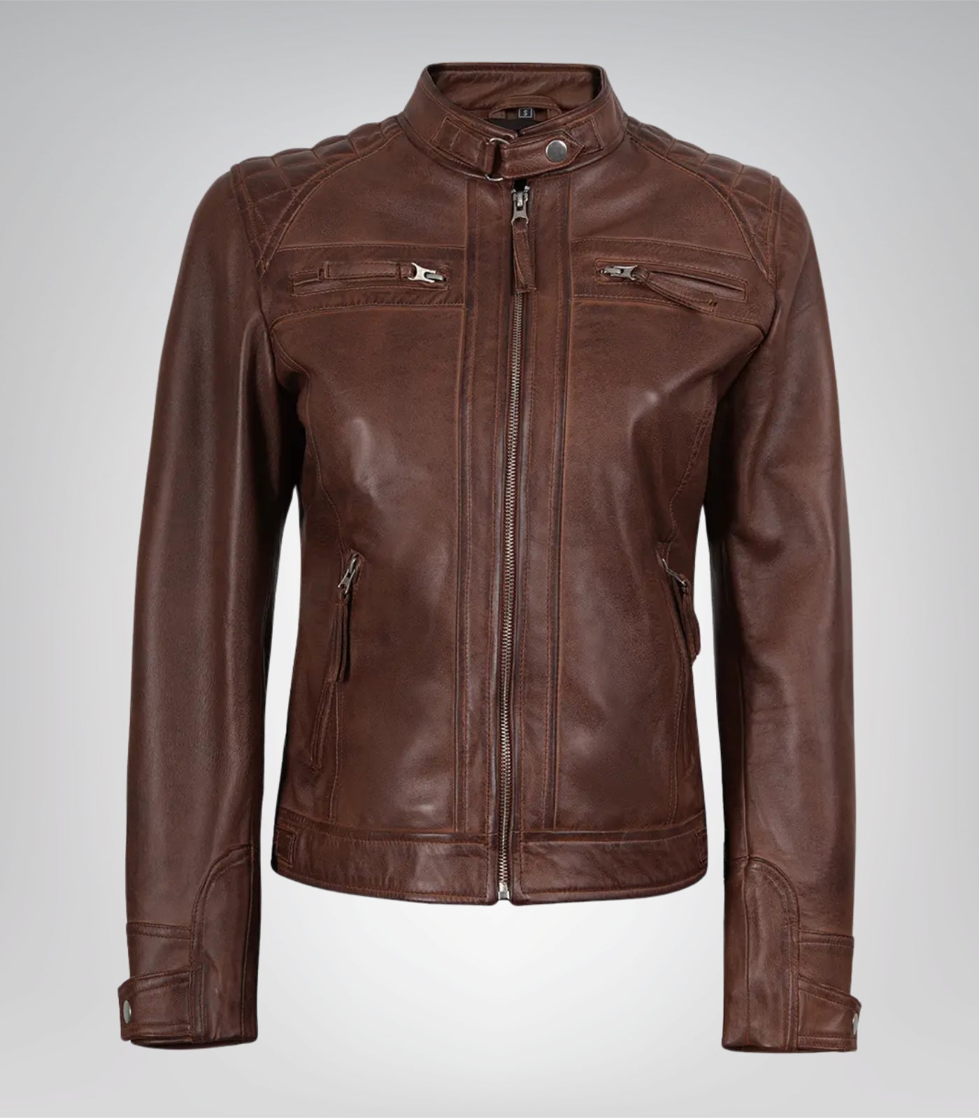 Cognac real leather biker jacket for women with quilted shoulders