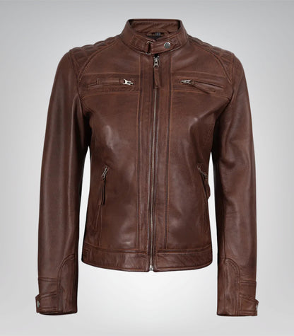 Cognac real leather biker jacket for women with quilted shoulders