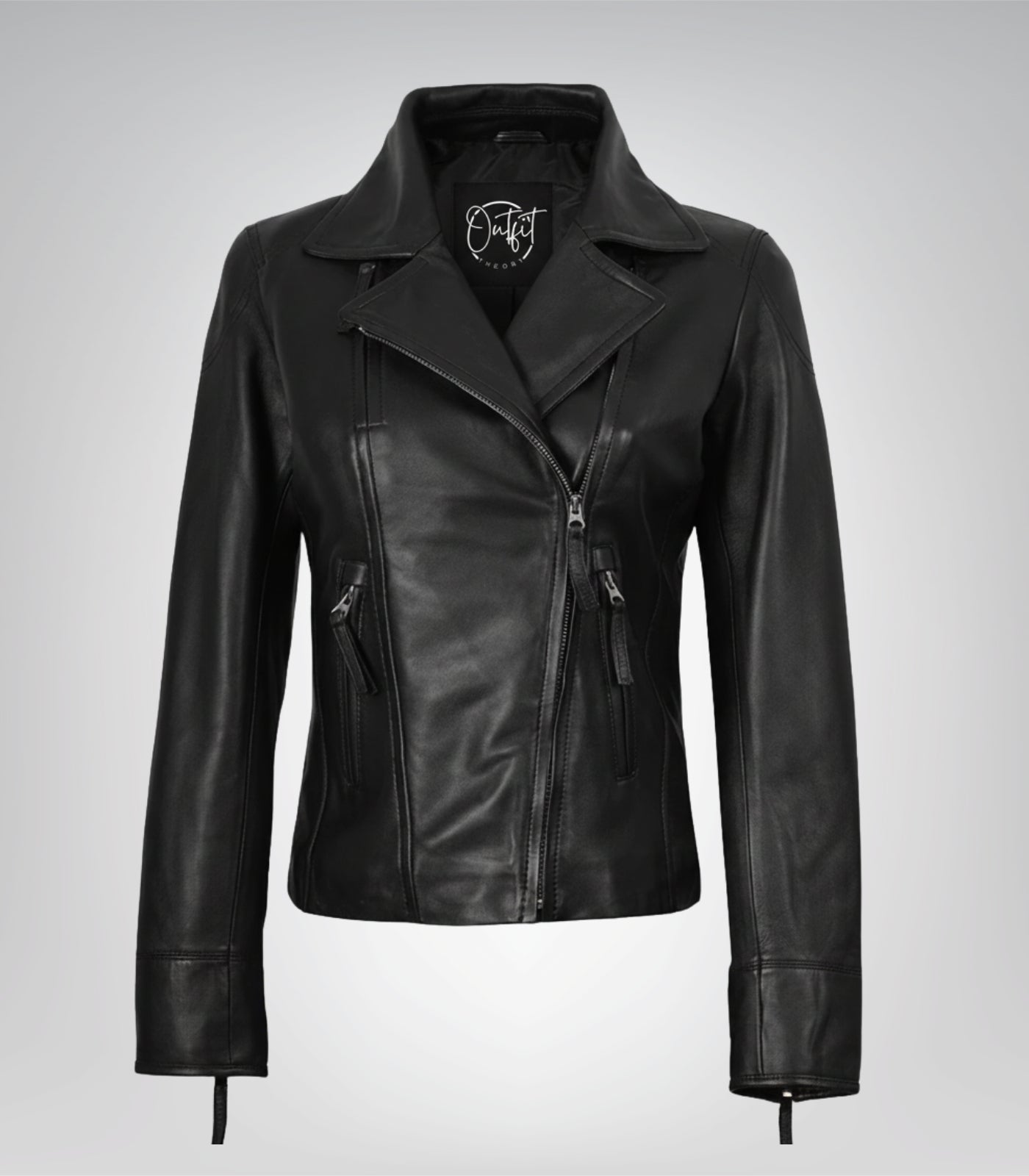 Women’s black real leather motorcycle jacket with asymmetrical zipper