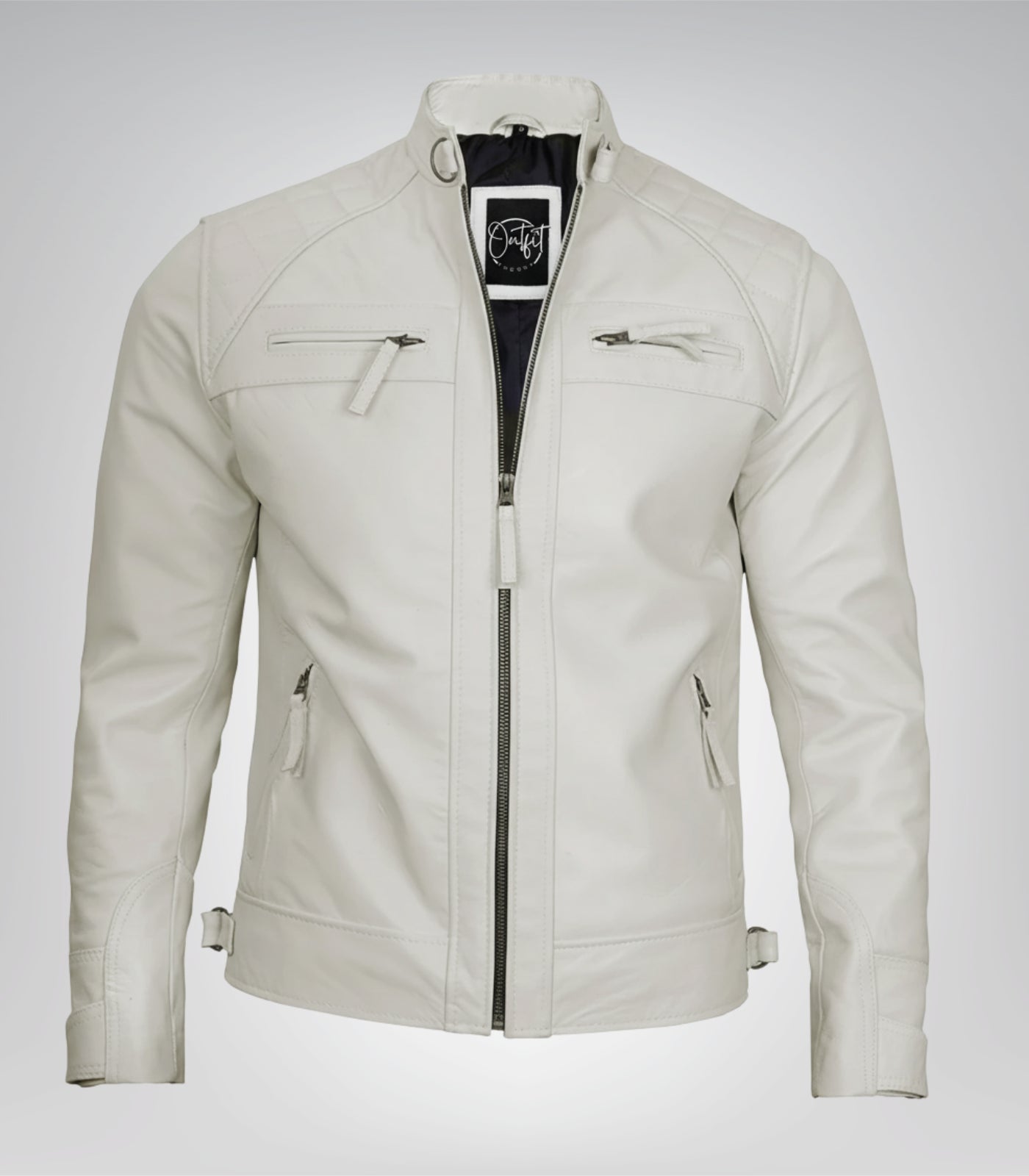Off-white leather motorcycle jacket for men featuring quilted detailing