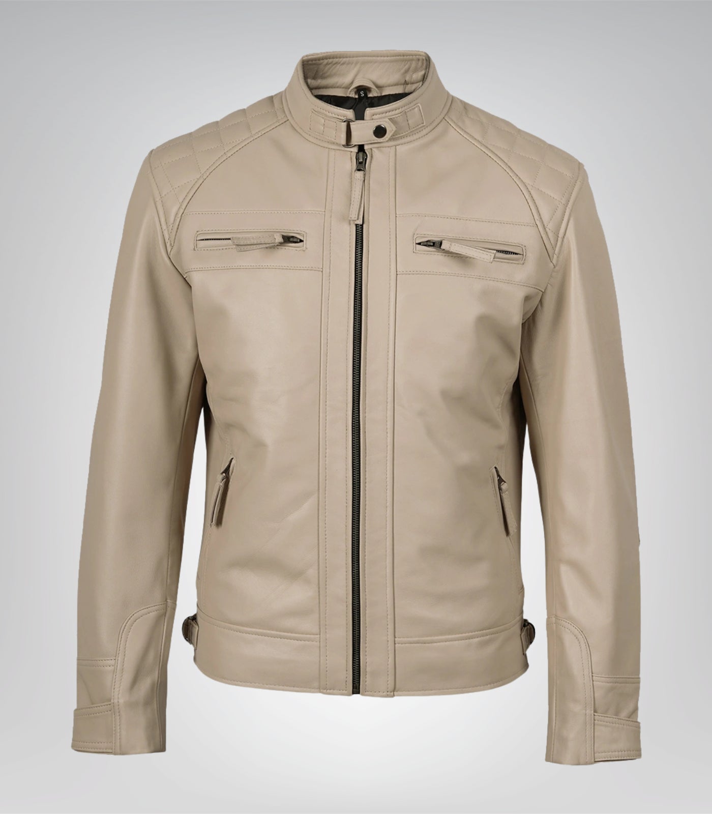Men’s beige biker-style leather jacket featuring quilted detailing