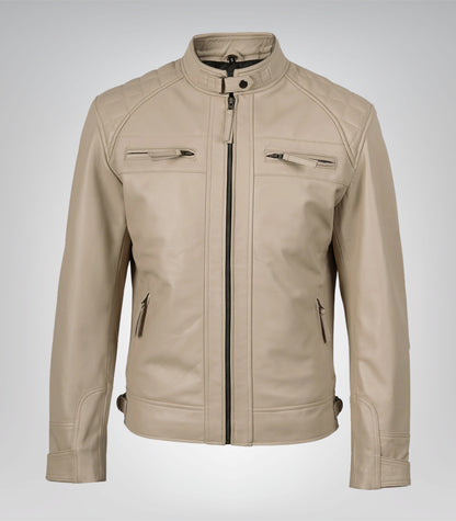Men’s beige biker-style leather jacket featuring quilted detailing