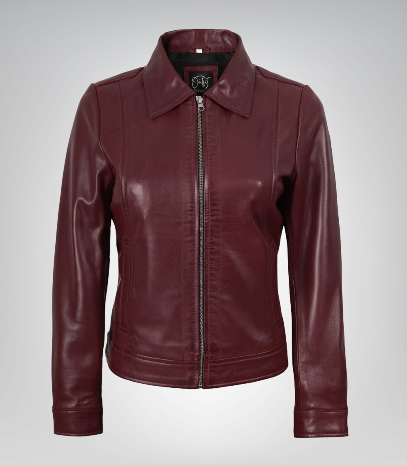 Burgundy real leather jacket for women with classic collar