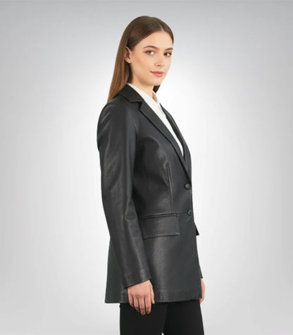 Stylish women's black leather blazer front view – Marilyn design