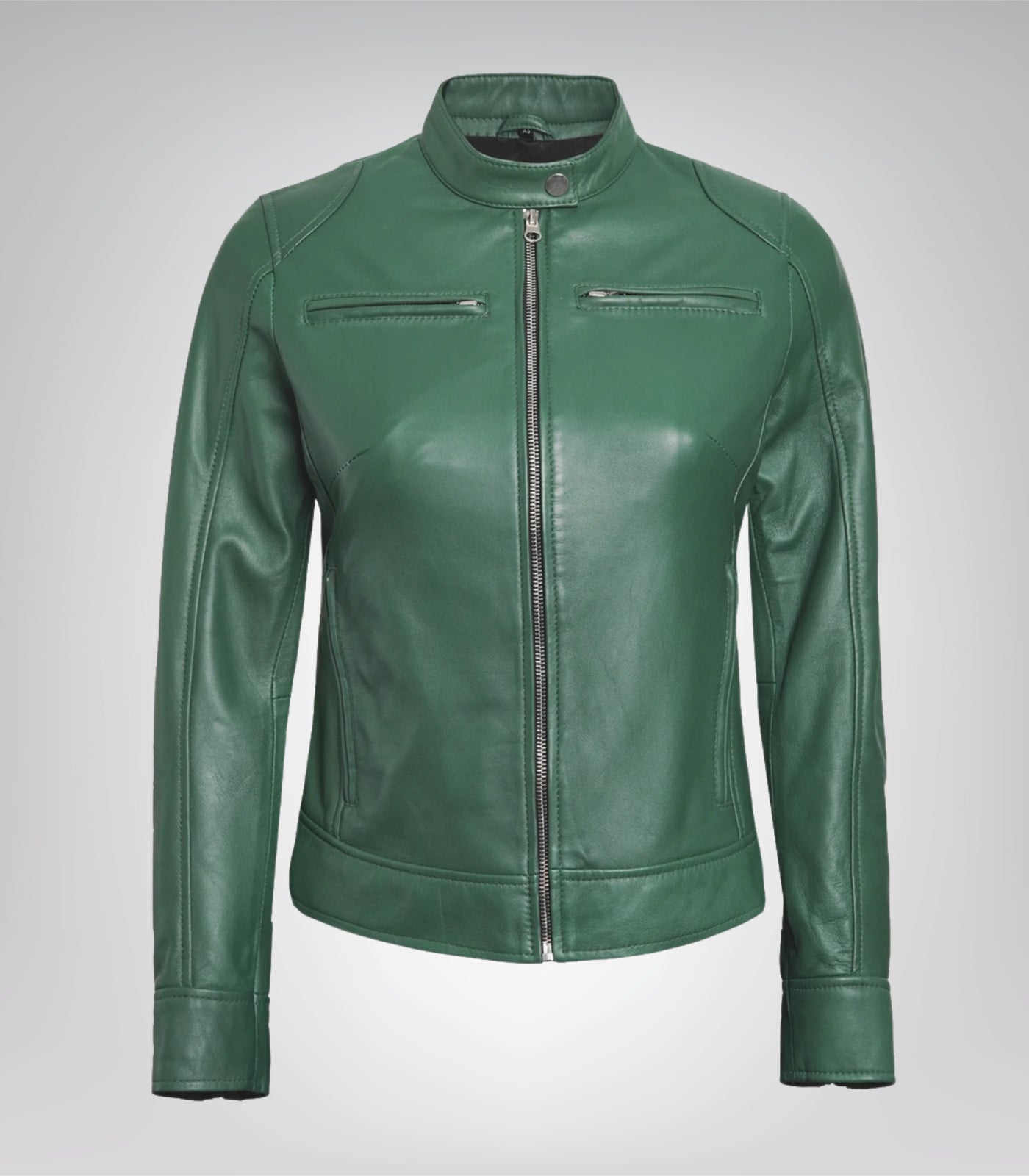 Green real leather motorcycle-style jacket for women