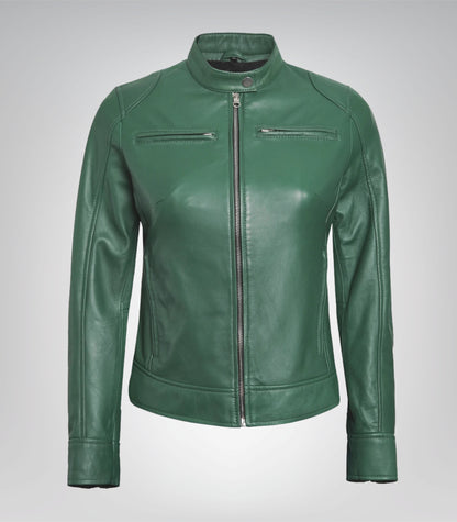 Green real leather motorcycle-style jacket for women