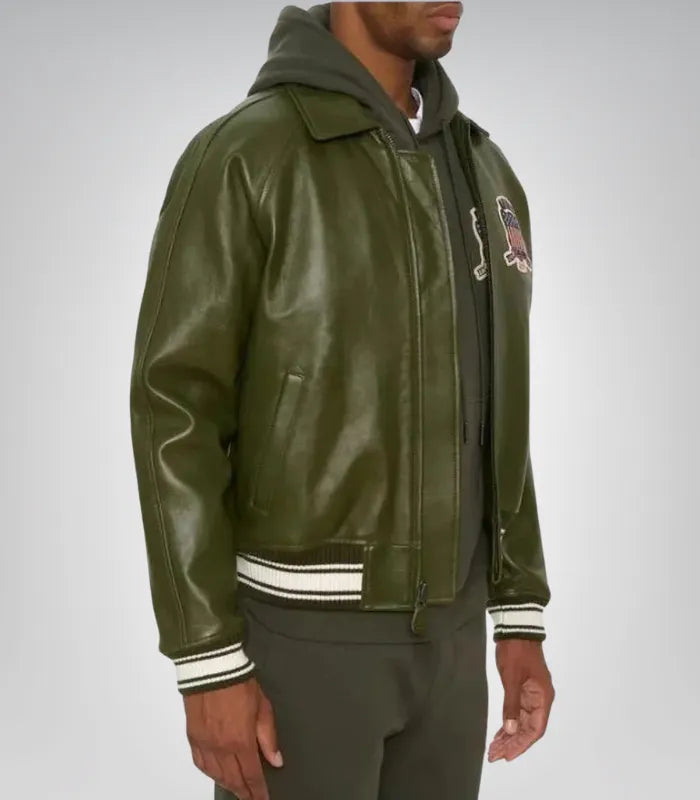 Men’s vintage Avirex leather jacket – olive green aviation bomber style