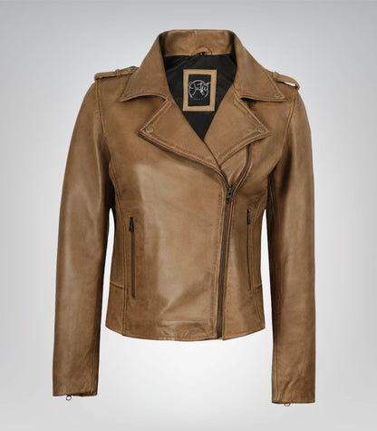 Camel brown real leather biker jacket for women