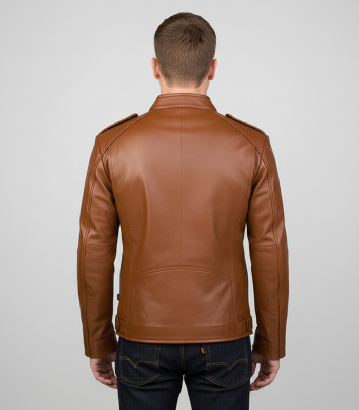 Classic brown leather motorcycle jacket for men