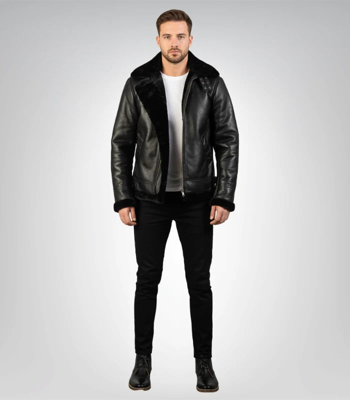 Men's black shearling-lined B-3 bomber jacket front view