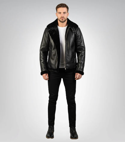 Men's black shearling-lined B-3 bomber jacket front view