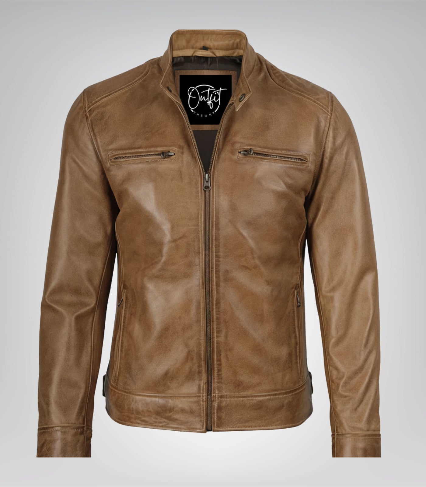 Stylish camel brown leather motorcycle jacket for men