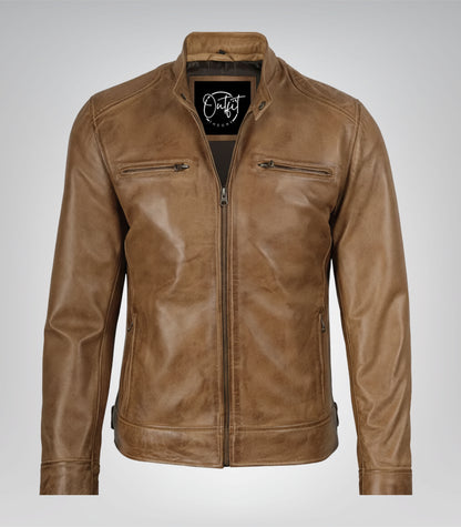 Stylish camel brown leather motorcycle jacket for men