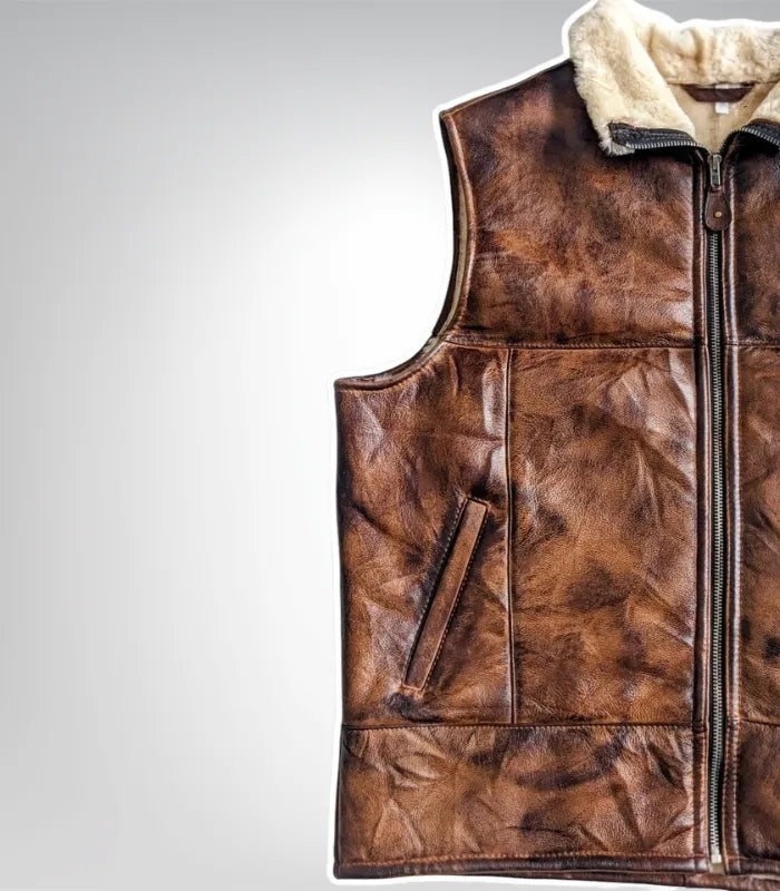 Brown shearling vest for men – genuine sheepskin sleeveless jacket