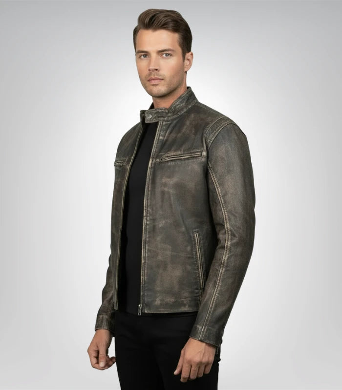 Stylish brown leather motorcycle jacket for men front view