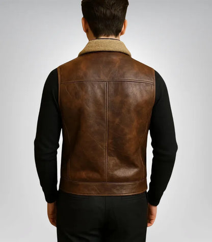 Men’s Western Cowboy Bomber Jacket – Weathered Brown Leather, Aged Lambskin