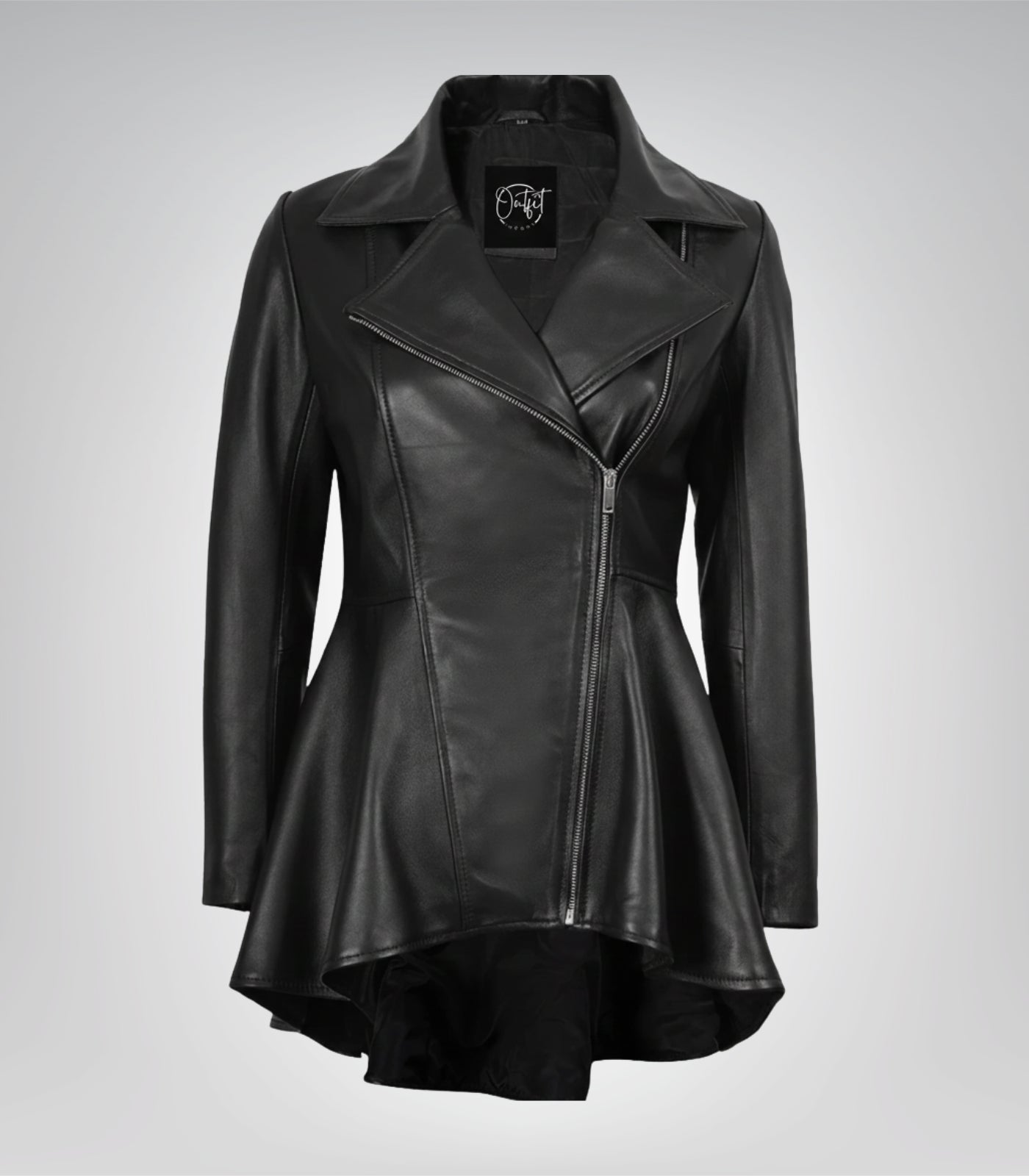 Women’s black real leather jacket featuring a flared peplum silhouette