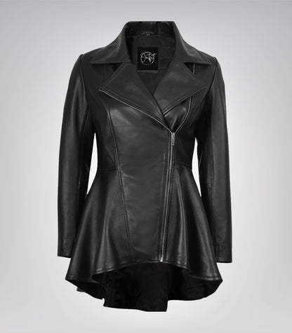 Women’s black real leather jacket featuring a flared peplum silhouette