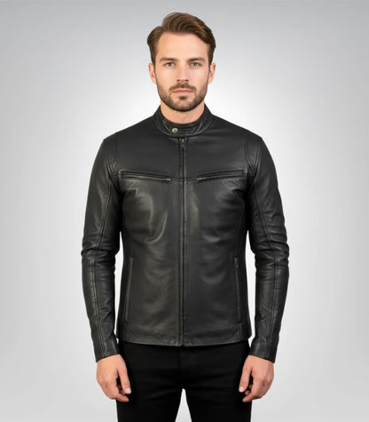 Stylish black leather jacket for men front view – Ionic design