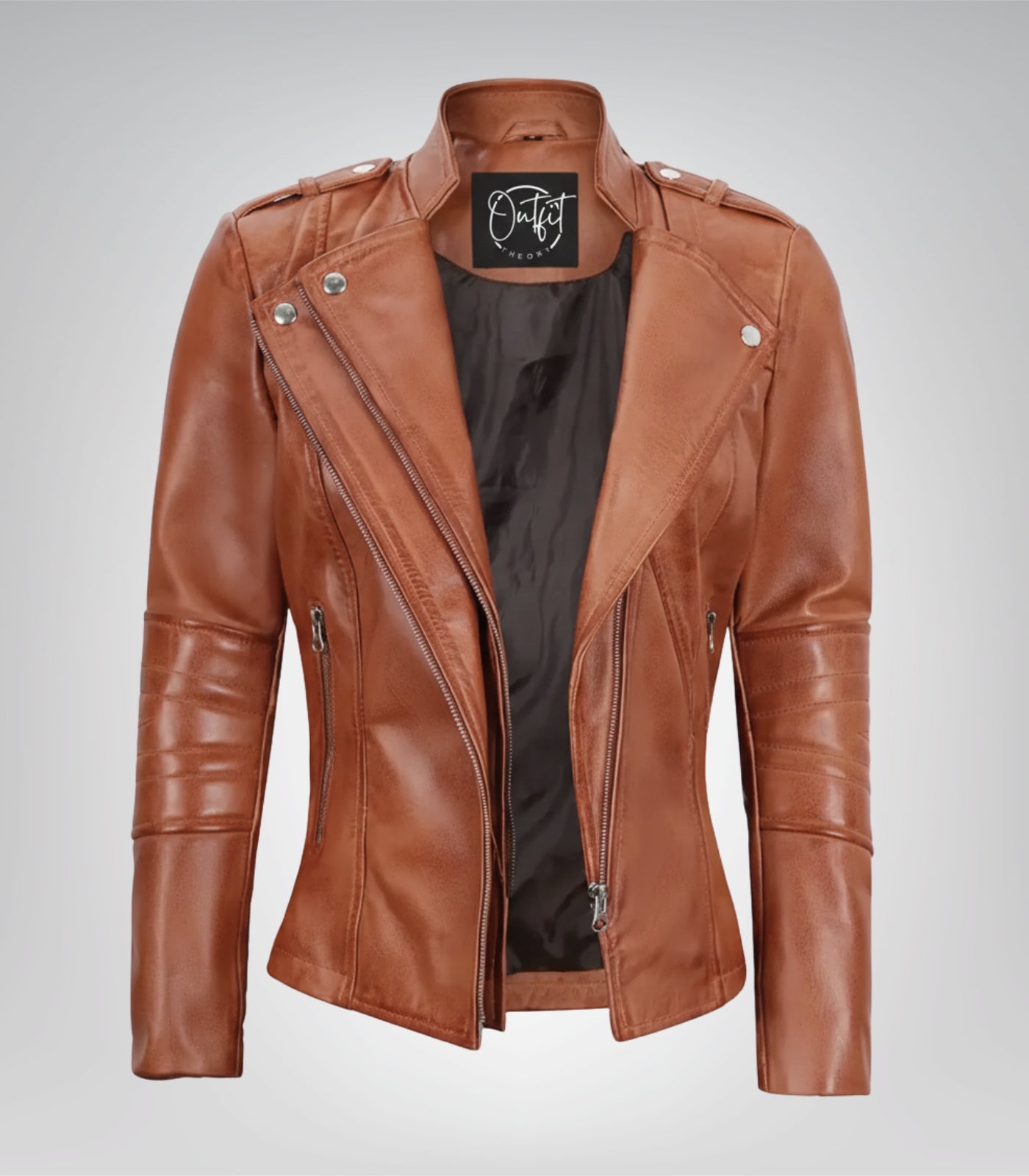 Tan real leather moto jacket for women with asymmetrical front