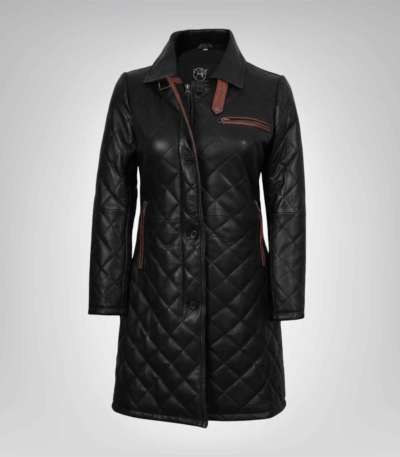 Women’s black quilted leather car coat featuring brown accent details
