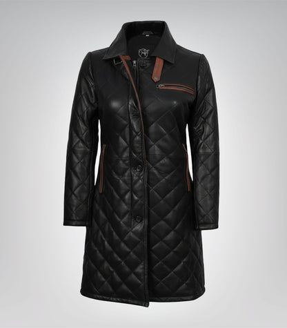 Women’s black quilted leather car coat featuring brown accent details