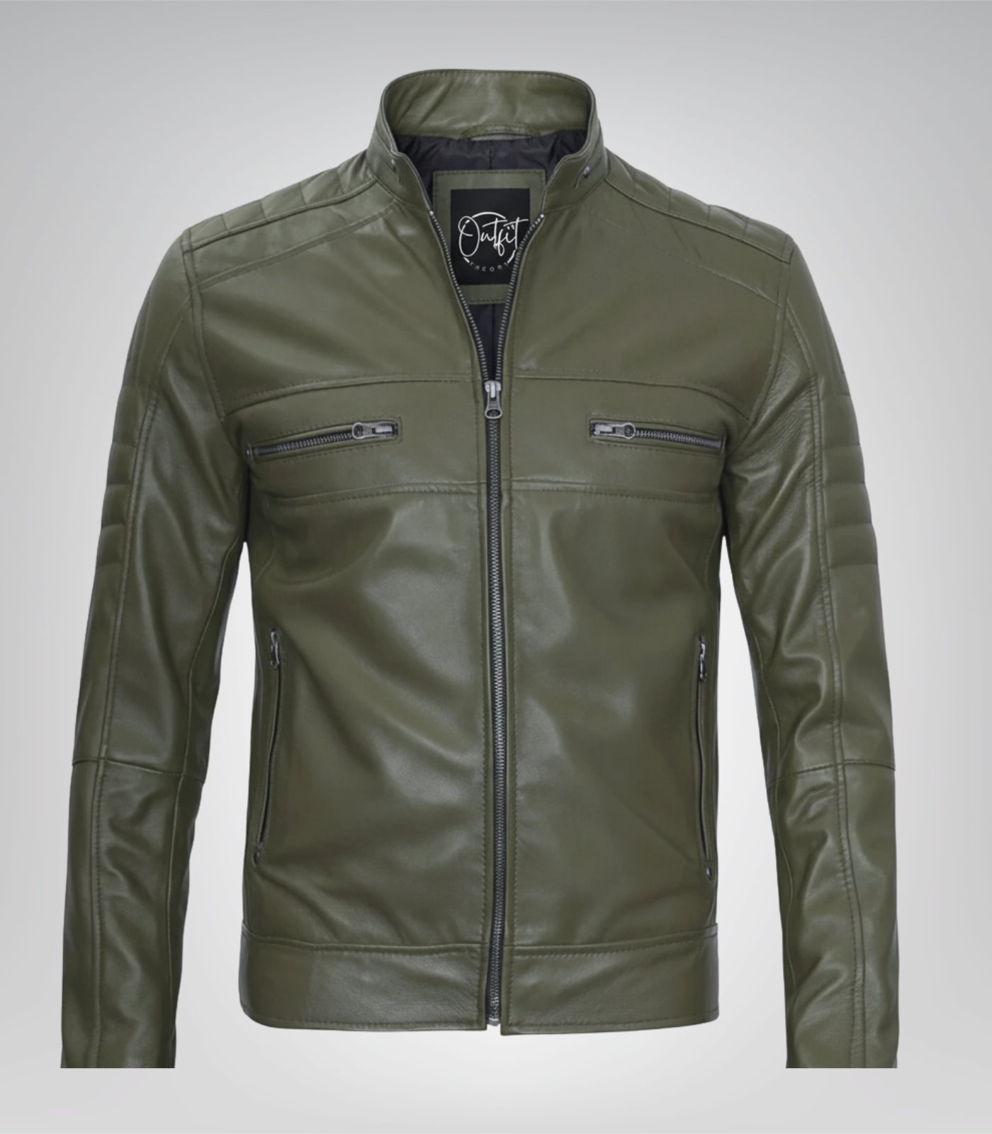 Stylish olive green leather motorcycle jacket for men