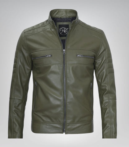 Stylish olive green leather motorcycle jacket for men
