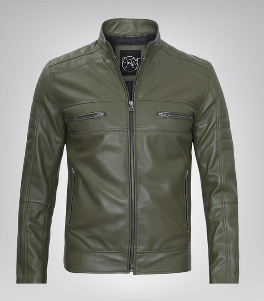 Stylish olive green leather motorcycle jacket for men