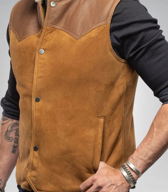 Men’s Western Shearling Vest in Tobacco Brown – Suede Leather Gilet