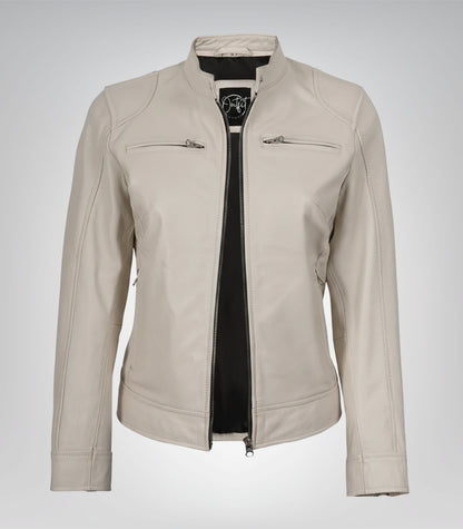 Off-white real leather motorcycle jacket for women