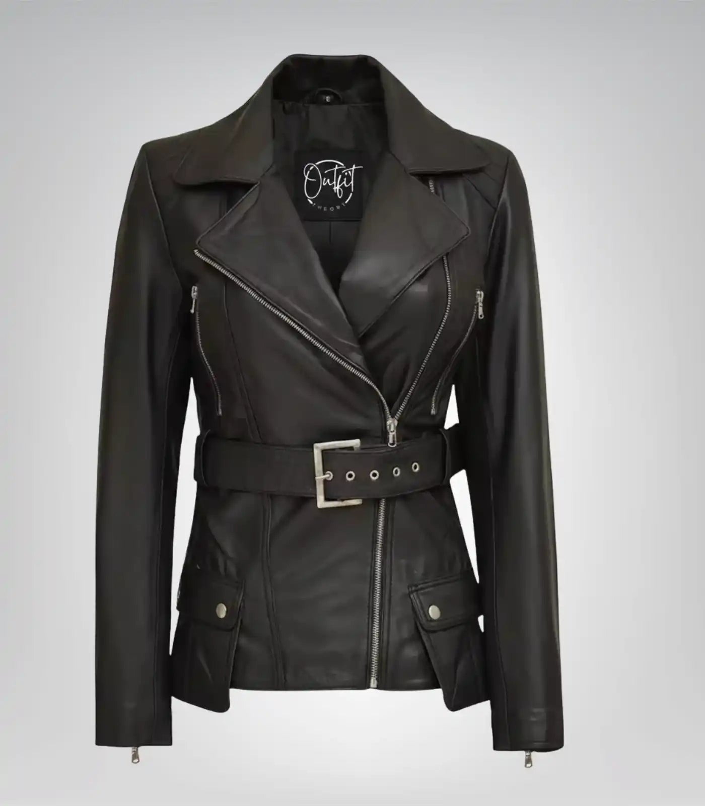 Black leather motorcycle jacket for women with longline design and belt