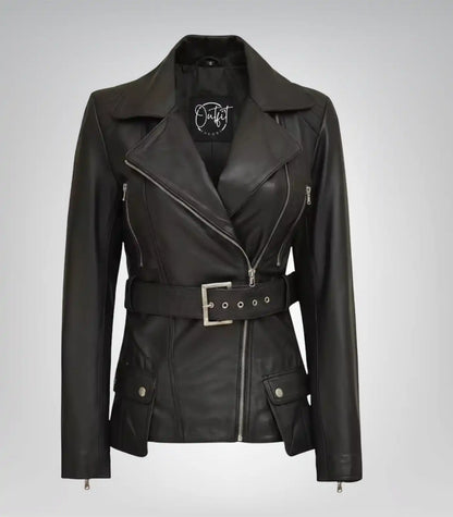 Black leather motorcycle jacket for women with longline design and belt