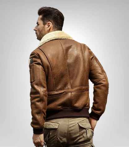 Stylish men's brown bomber jacket with embroidered design and shearling lining
