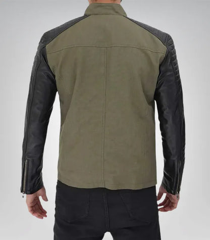 Stylish men’s leather café racer jacket – army green and black biker coat