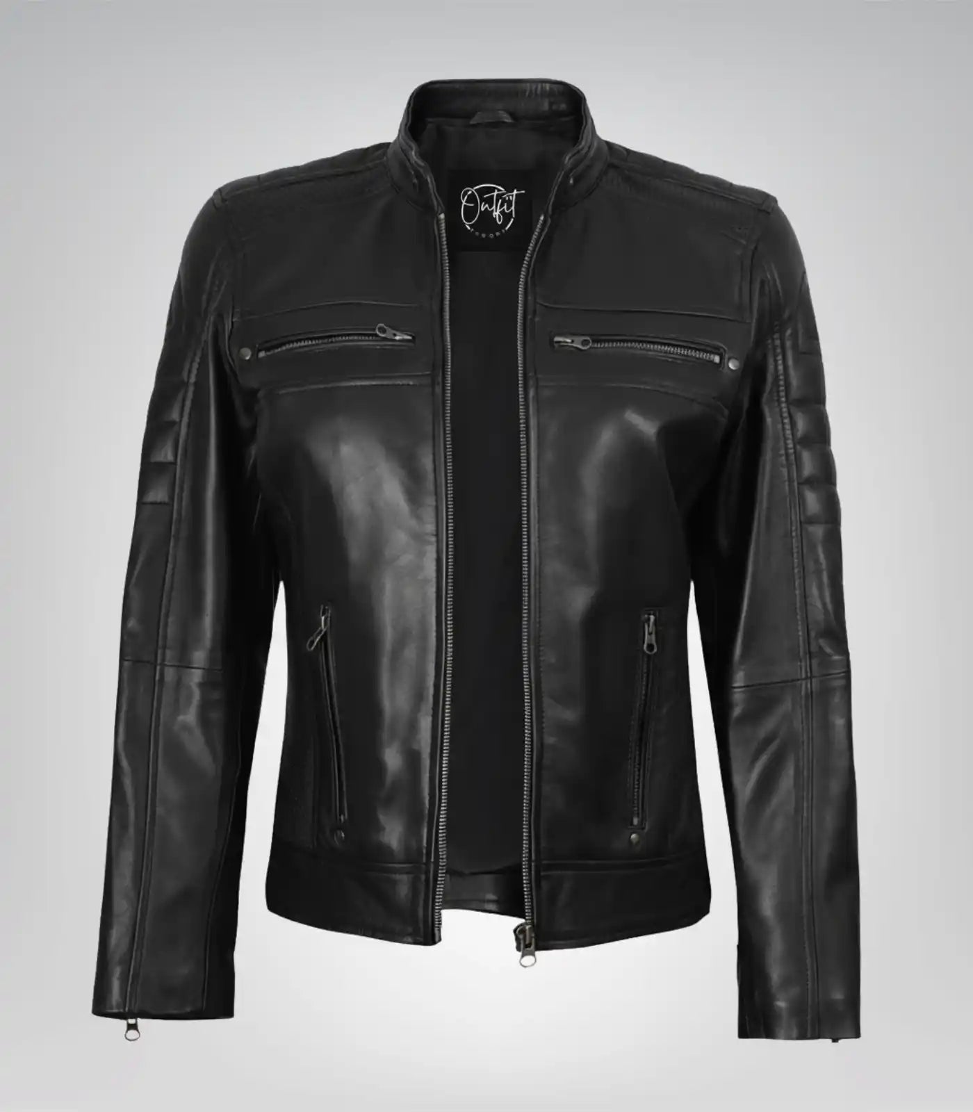Black leather moto jacket for women with classic design