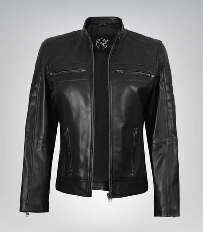 Black leather moto jacket for women with classic design