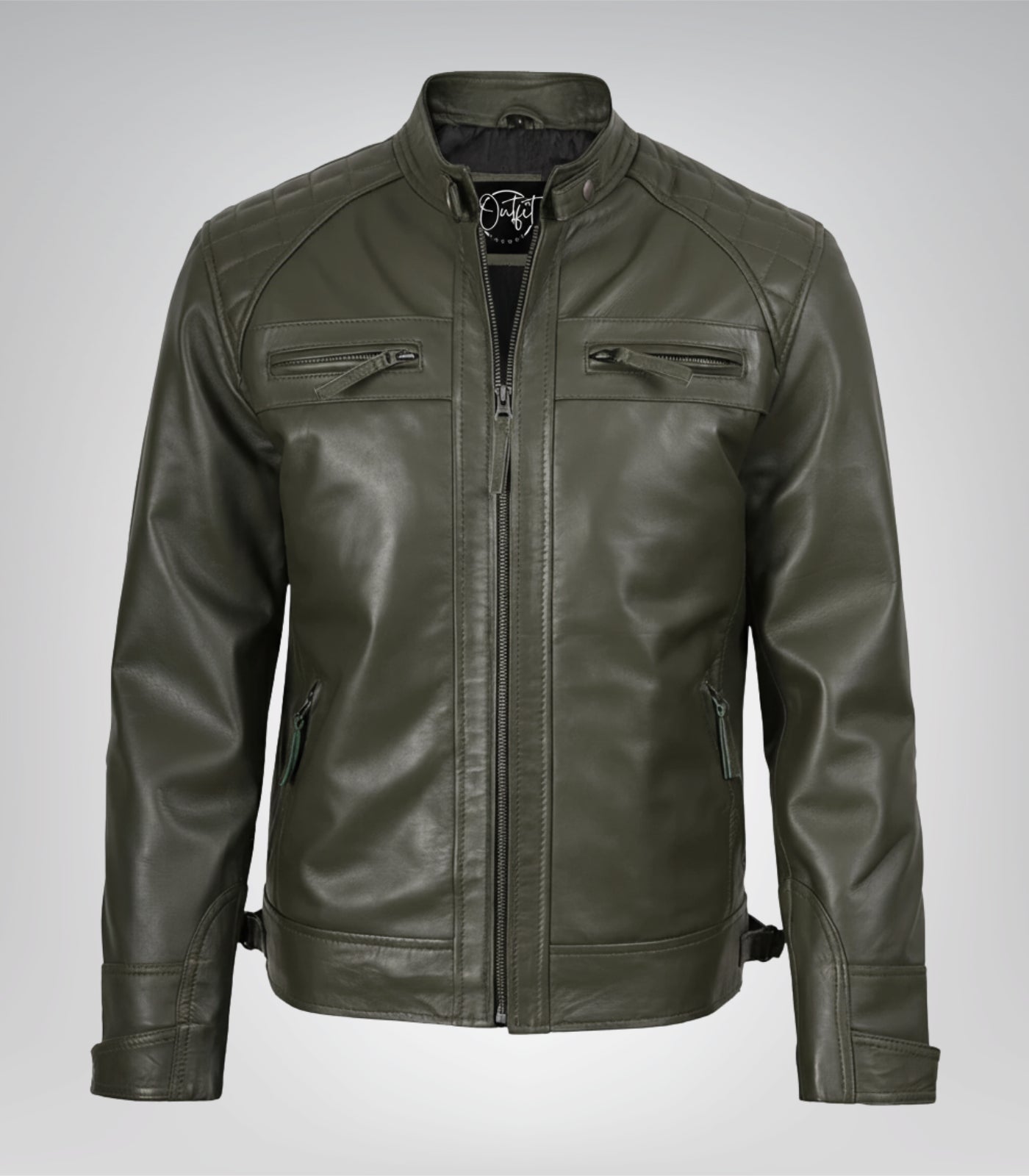 Stylish olive green leather biker jacket for men with quilted design