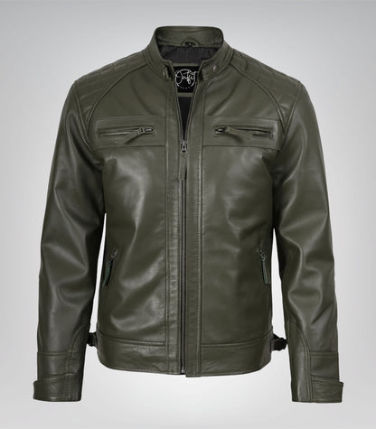 Stylish olive green leather biker jacket for men with quilted design