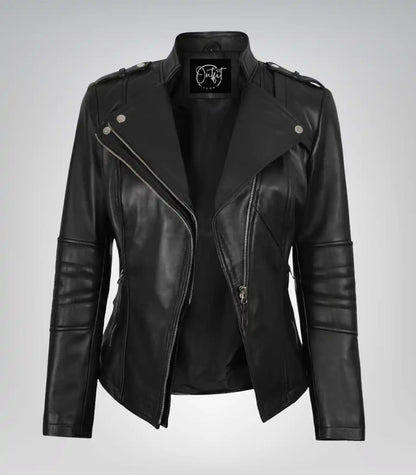 Black lambskin moto jacket for women in genuine leather