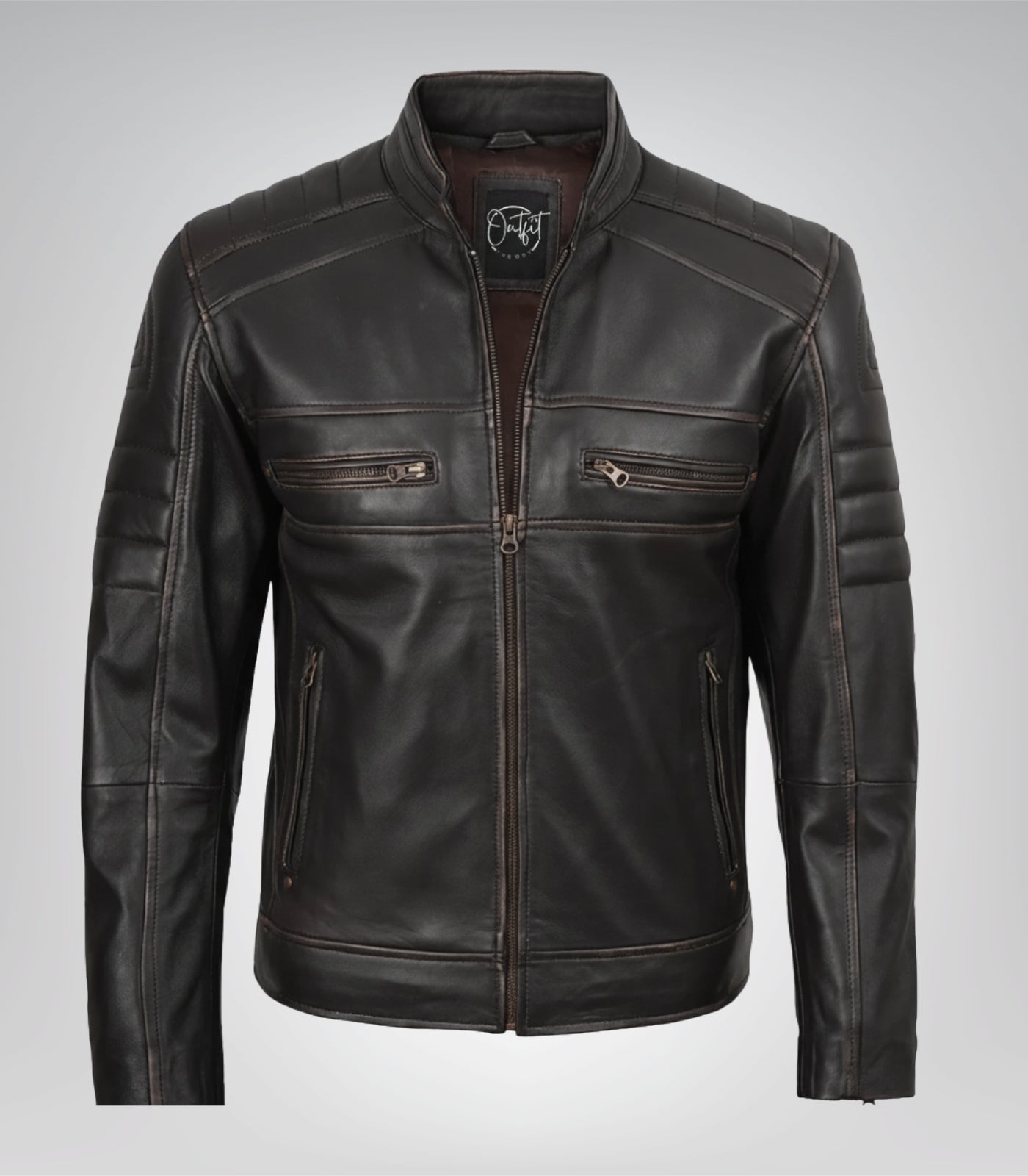 tylish brown distressed leather biker jacket for men