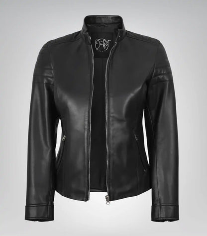 Black genuine leather motorcycle jacket for women