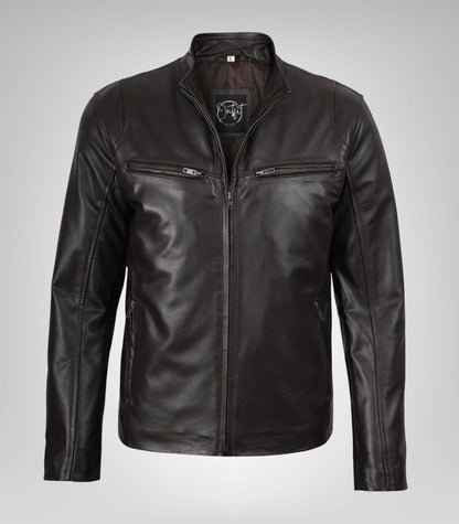 Stylish dark brown cowhide leather biker jacket for men