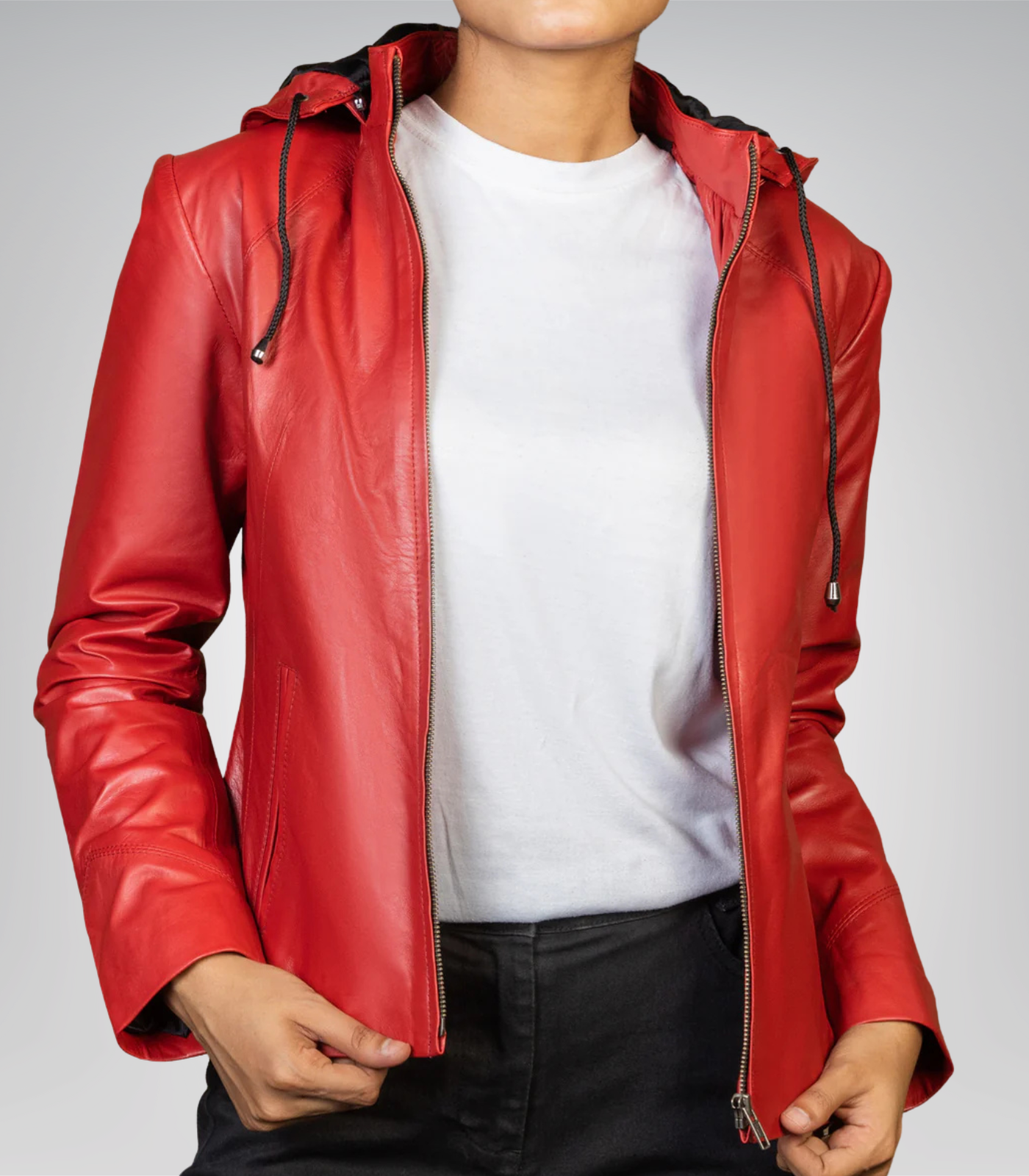 Jenny women’s red real leather jacket with detachable hood – stylish versatile design