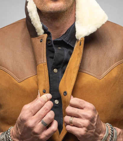 Men’s Western Shearling Vest in Tobacco Brown – Suede Leather Gilet