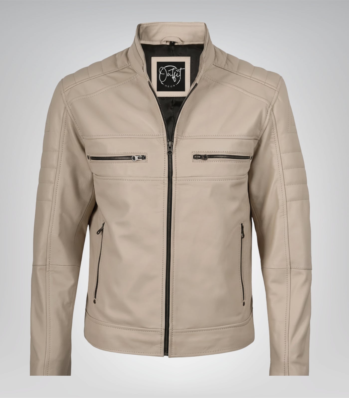 Stylish beige leather motorcycle jacket for men featuring mandarin collar