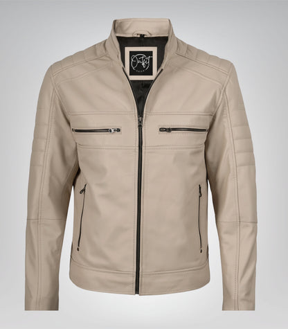 Stylish beige leather motorcycle jacket for men featuring mandarin collar