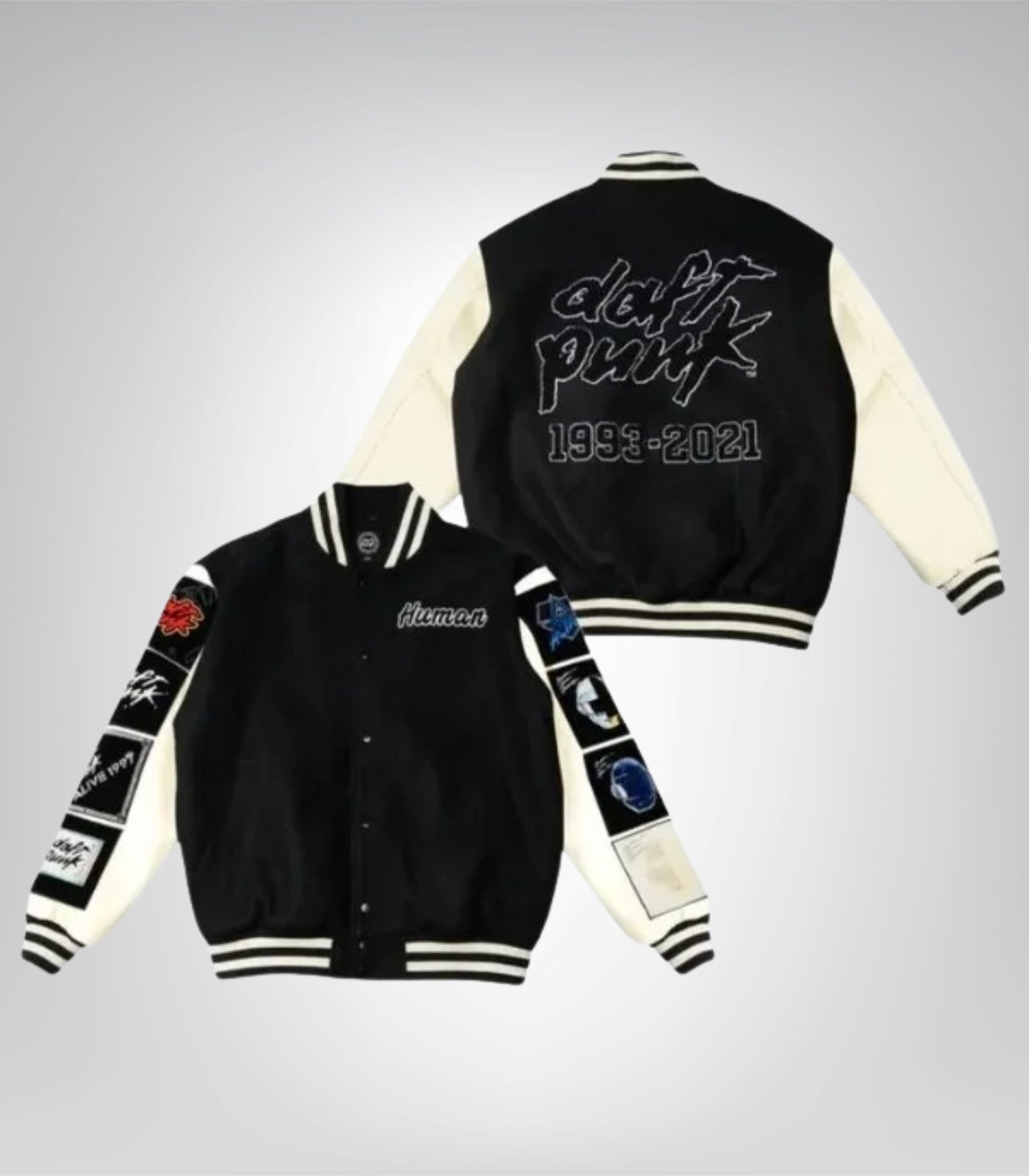 Black wool letterman varsity jacket with leather sleeves by Daft Punk