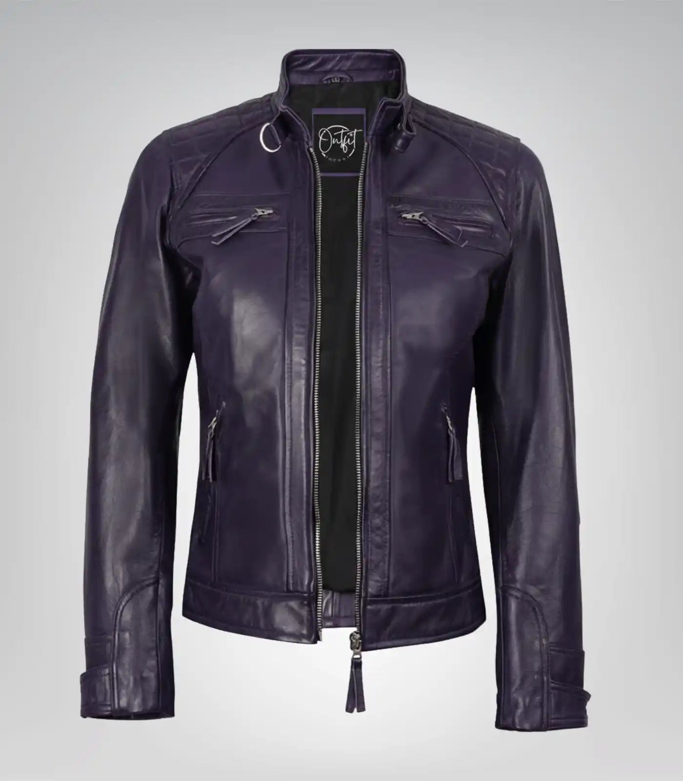 Purple real leather moto jacket for women with quilted detailing